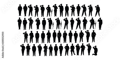 Black silhouettes of men in military uniforms and suits
