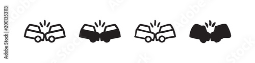 Four Hand Drawn Car Crash Icons: Outline, Solid, Double Outline, and Sketch