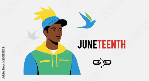 Juneteenth celebration illustration with African American man and freedom symbols