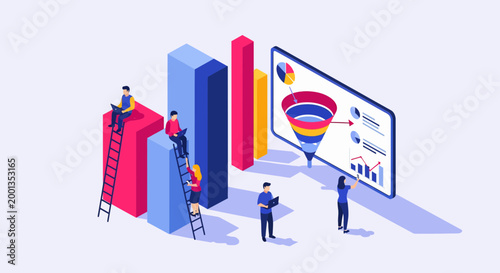 Marketing team analyzing sales funnel and data chart for business growth and success in isometric