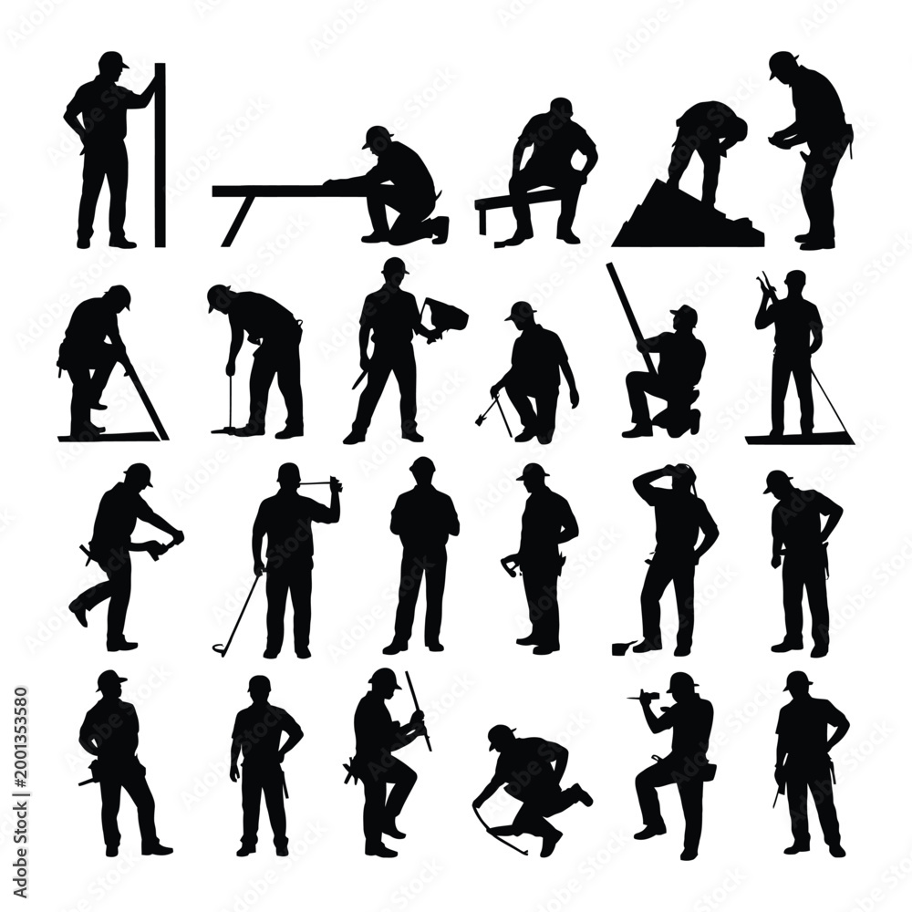 Fototapeta premium Construction workers in various poses and actions silhouette