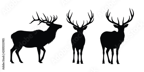Three black elk silhouettes on white background deer