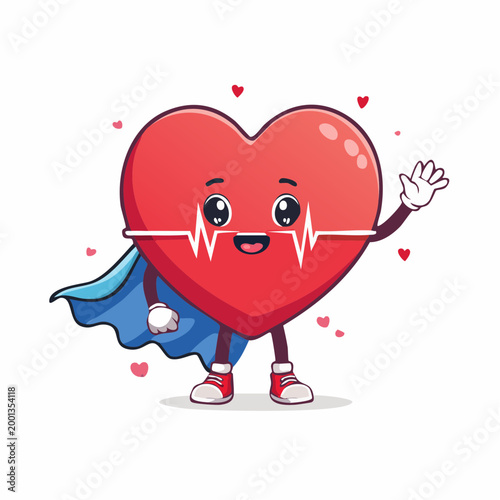 Superhero Heart Character with ECG Line and Cape Waving