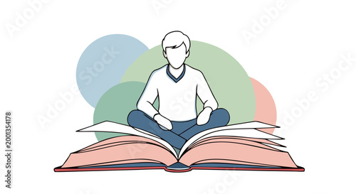 Literacy Explorer: A contemplative individual finds themselves immersed in a book, their form silhouetted against an abstract backdrop, suggesting an encounter with knowledge and self-discovery.