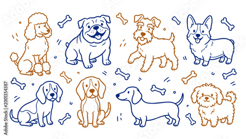 Adorable dog breeds collection with playful bone accents.