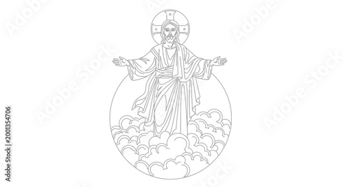Jesus Christ standing on clouds with hands outstretched.