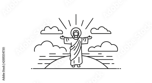 Jesus Christ with open arms standing.