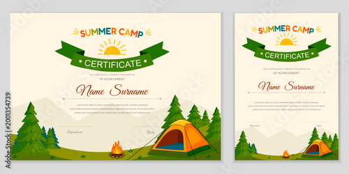 Summer camp certificate with an illustration of a tent, campfire, and forest. Vector set of horizontal and vertical layouts in a hand-drawn style for children. Diploma for achievements in hiking .