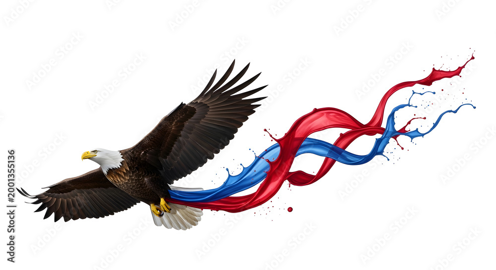 Fototapeta premium Bald eagle flying with paint splashes