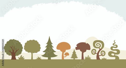 Silhouette of Trees on Green Terrain: A tranquil view showcases a vibrant array of diverse trees set against a serene backdrop of sky and subtle hills.