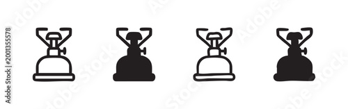 Camping stove icon set, portable outdoor cooking and adventure symbols