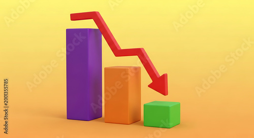 3d bar graph with red arrow pointing down against yellow orange background chart