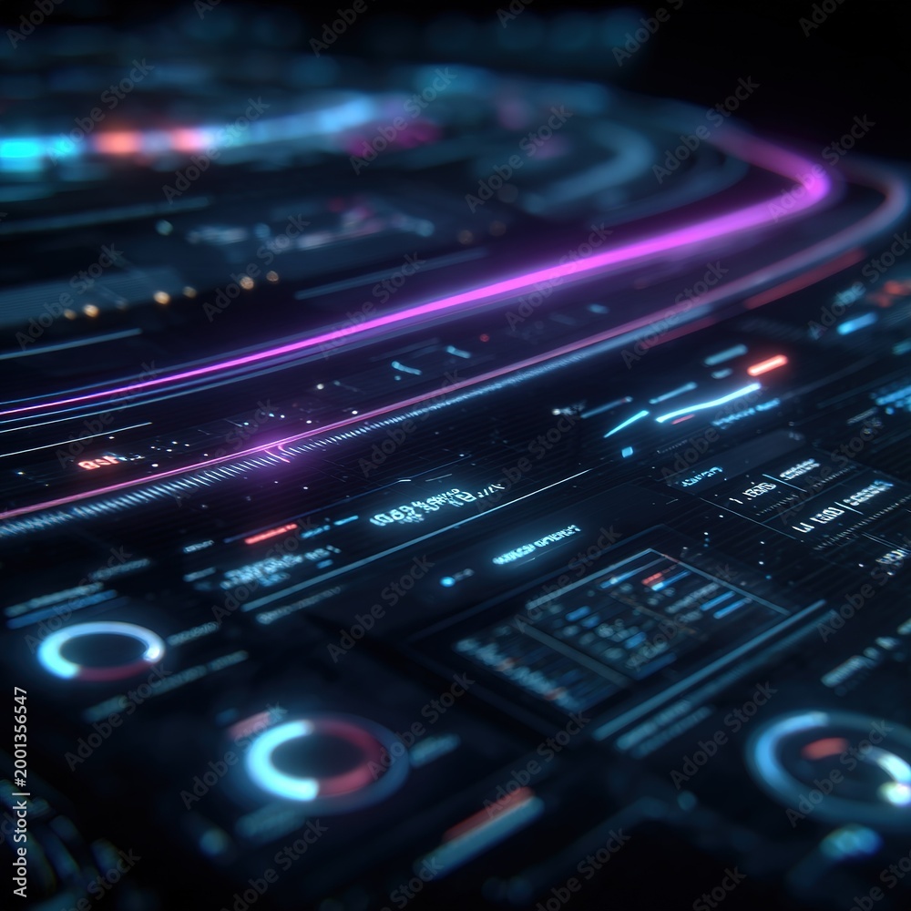 Obraz premium Futuristic digital interface with glowing neon data visualization