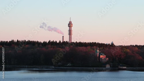 Stockholm, Sweden A dawn view of the Djurgarden island and the Kaknas tower.  
