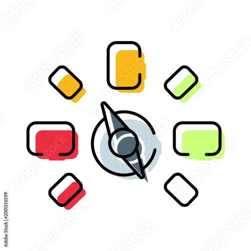 Compass needle pointing towards the north, surrounded by colorful abstract shapes representing different options and pathways, illustrating concepts of guidance, strategy, and opportunity