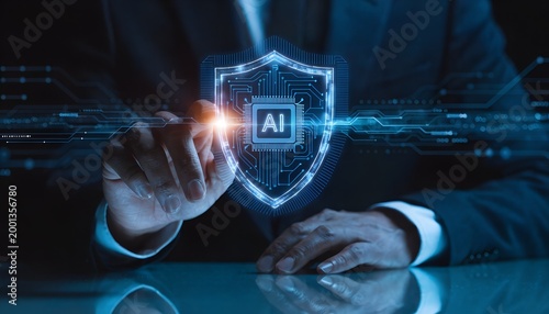 Business suit hand touches glowing neon-blue holographic shield with circuit traces, AI microchip center, orange light flare. Cybersecurity, data protection, artificial intelligence safety.