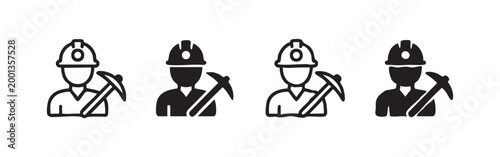 Miner Icon Set with Hard Hat Light and Pickaxe Mining Tool