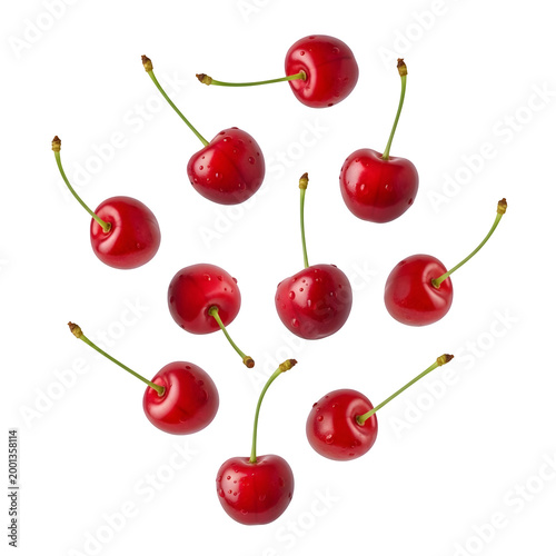 Fresh cherries falling in mid air,isolated on white or transparent background