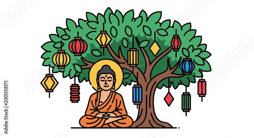 Buddha meditating under a tree with hanging colorful lanterns for Vesak