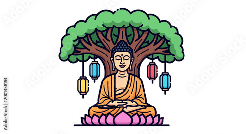 Buddha meditating under Bodhi tree with hanging lanterns for Vesak