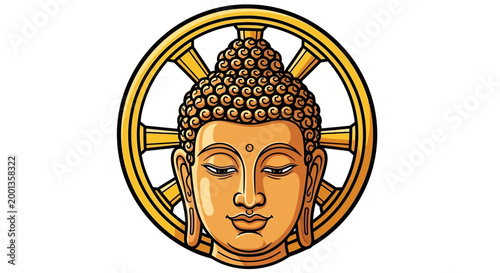 Golden buddha face and dharma wheel illustration on white background