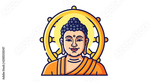 Half portrait of Buddha icon with dharma wheel background for worship