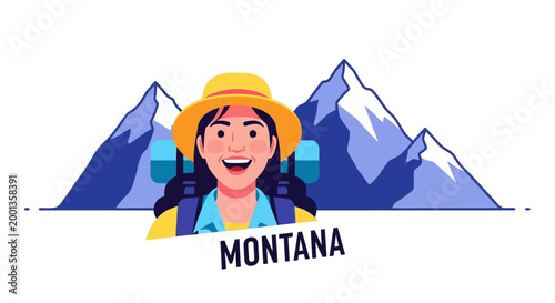 Happy woman hiker wearing a sun hat and backpack near mountain peaks