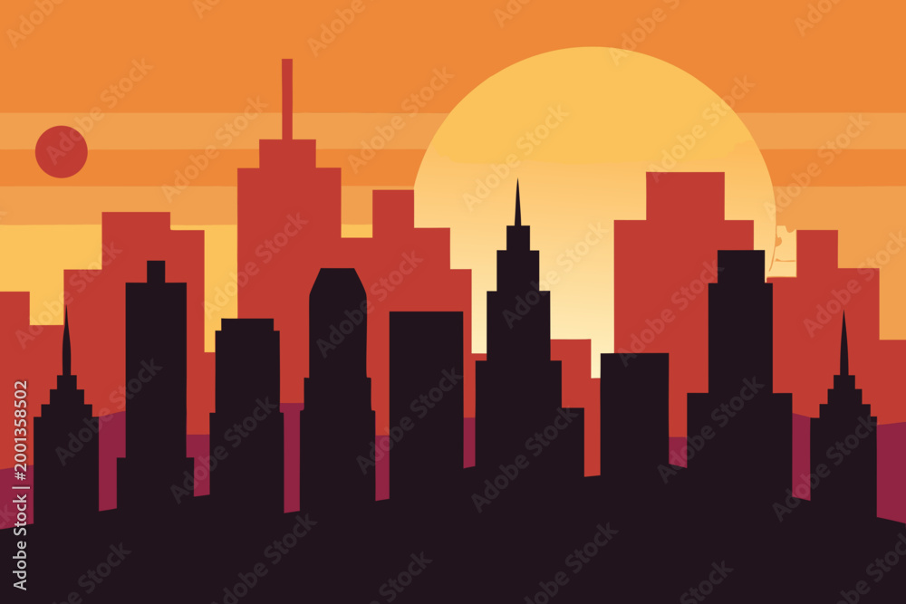 Obraz premium City Skyline Simple Buildings Sunset Gradient Background Vector