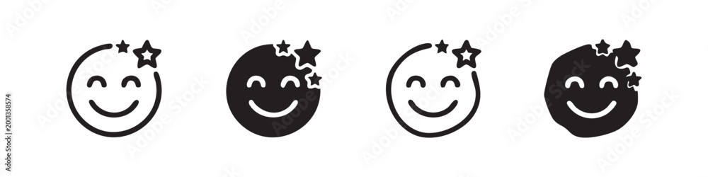 Obraz premium Set of four smiling face icons with stars, line and solid fill