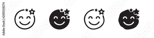 Set of four smiling face icons with stars, line and solid fill