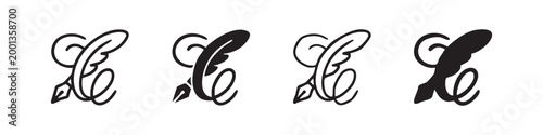 Set of four quill pen icons, line and solid fill
