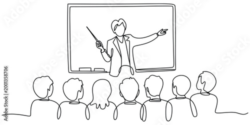 Continuous line drawing of teacher at a blackboard in class