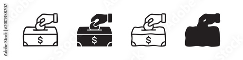 Set of four donation box icons with hand, line and solid fill
