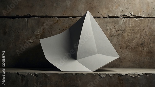 Minimalist Abstract White Folded Paper Sculpture on Industrial Concrete Surface, Modern Architectural Geometry and Light Play, Creative Mockup Concept for Design and Art Inspiration