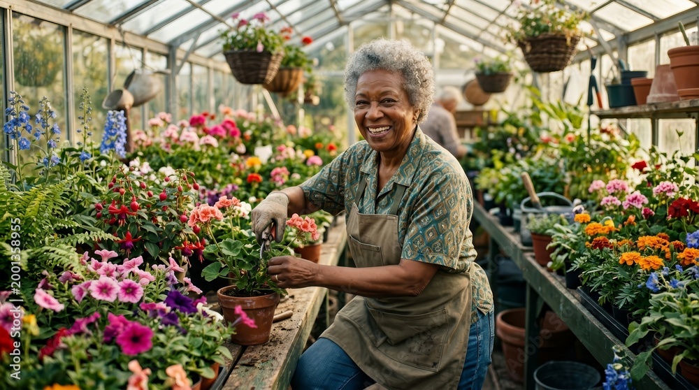 Obraz premium Joyful elderly female gardener tending to colorful blooming flowers during retirement.