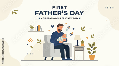 Illustration of a man holding a baby celebrating first fathers day