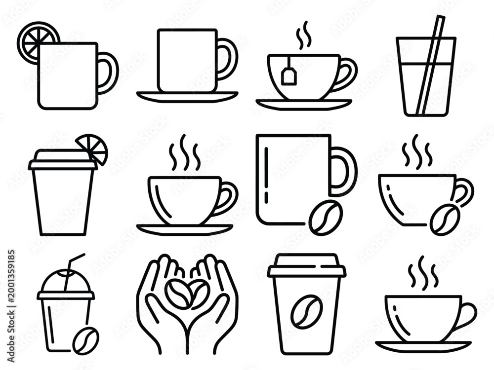 Obraz premium Coffee culture and beverage line icon set with refreshing drinks and to go cups beverage refreshing breakfast
