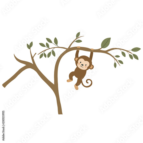 Photography Cute monkey illustration hanging on branch, isolated on transparent background for kids and nursery design