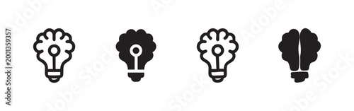 Collection of lightbulb brain icons, outlined and filled, black and white