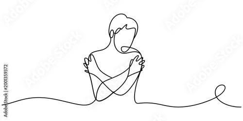 Foto Continuous line drawing of a person hugging themselves