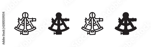 Sextant navigational instrument icons, outlined and filled, black and white