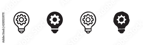Lightbulb with gear inside, outlined and filled icons, black and white