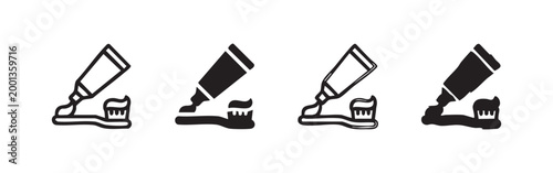 Toothpaste tube and toothbrush icons, outlined and filled, black and white