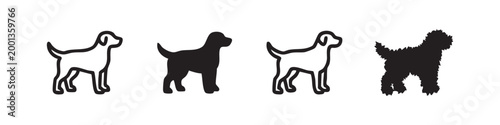 Dog icons, different breeds, outlined, filled, and scribbled, black and white