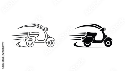 Fast moving motor scooter icon set in outline and solid black style for delivery and urban transport design