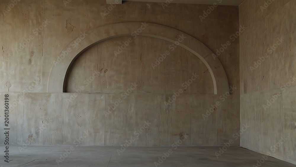 Fototapeta premium Modern Minimalist Interior with Arched Wall Recess and Beige Plaster Texture, Abstract Architectural Background for Product Mockup and Design, Wabi-Sabi Aesthetic Neutral Space