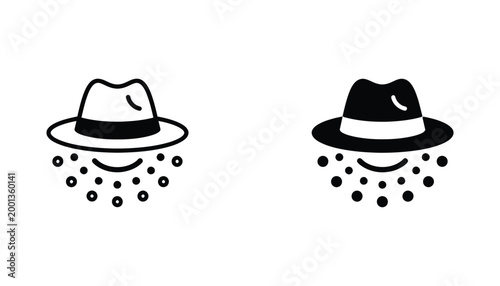 Detective hat with beard dots icon set in minimalist vector line art and black silhouette style