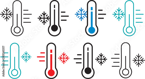 thermometer icon set. Low temperature thermometer icon Cold, icy and freeze symbol.temperature thermometer icon set for 2026, featuring professional symbols for winter cold and freezing temperatures. 