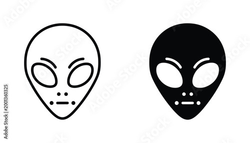 Extraterrestrial alien head icon in black and white outline and solid silhouette styles for sci-fi concepts