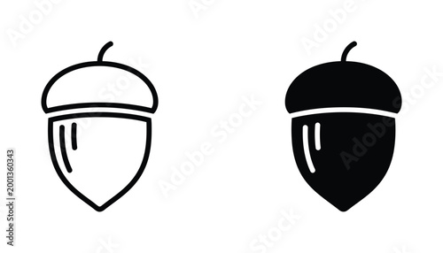 Single acorn nut icon with leaf detail in black and white outline and solid silhouette design